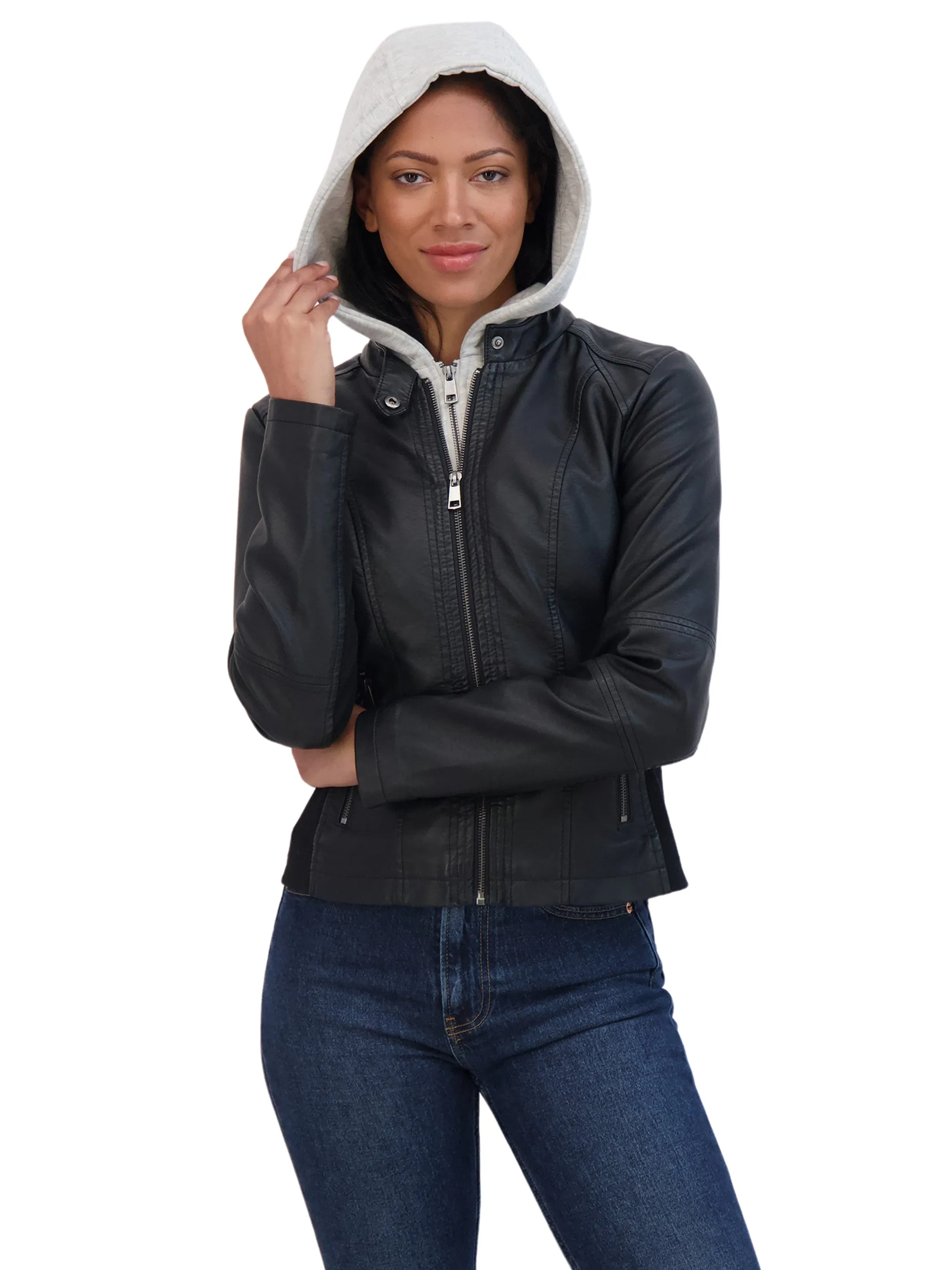 Sebby Collection Women's Zip Front Faux Leather Jacket With Removeable Hood Bib