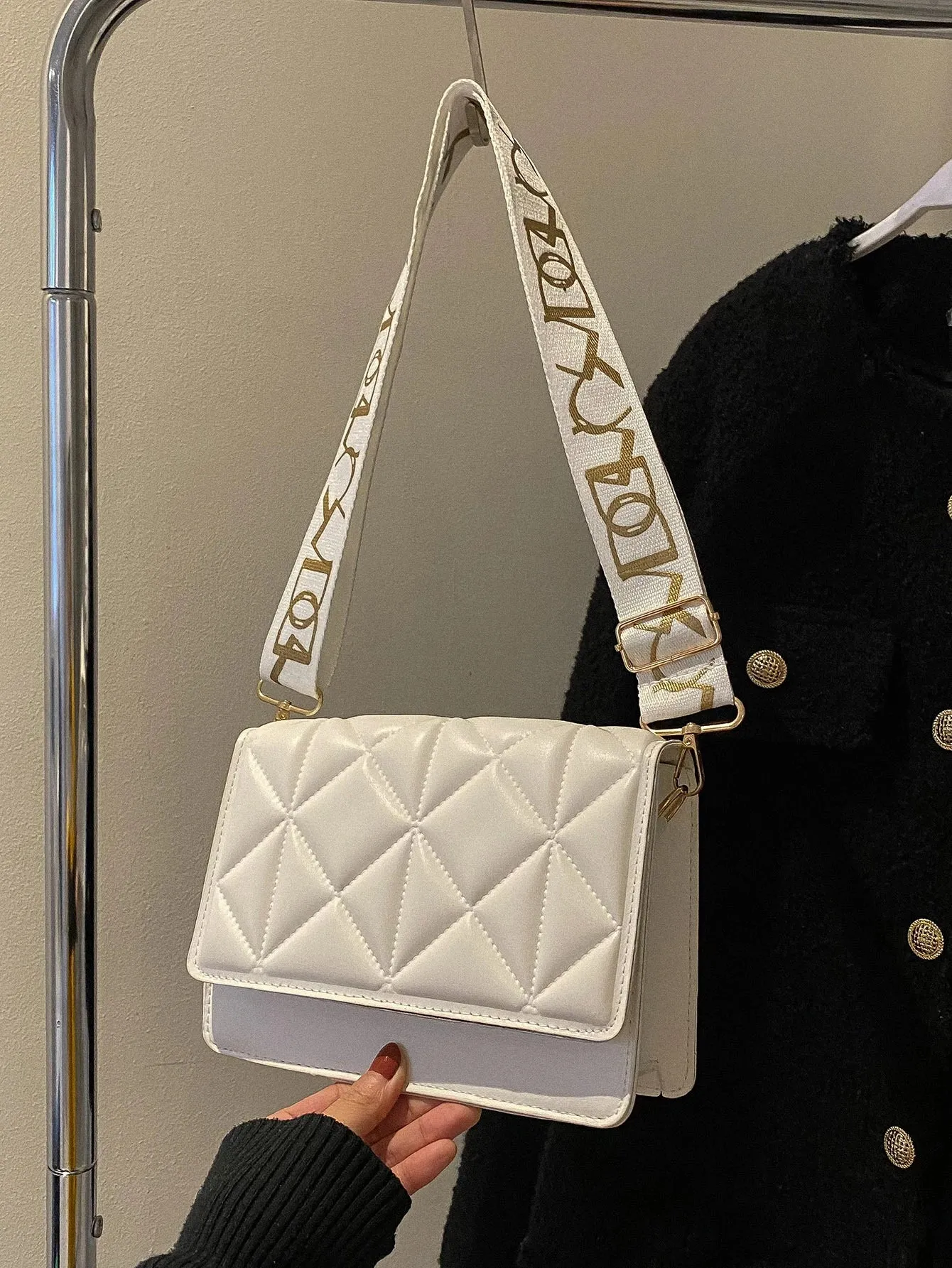 SHEIN Mini Square Bag Fashionable White Quilted Flap PU For Office