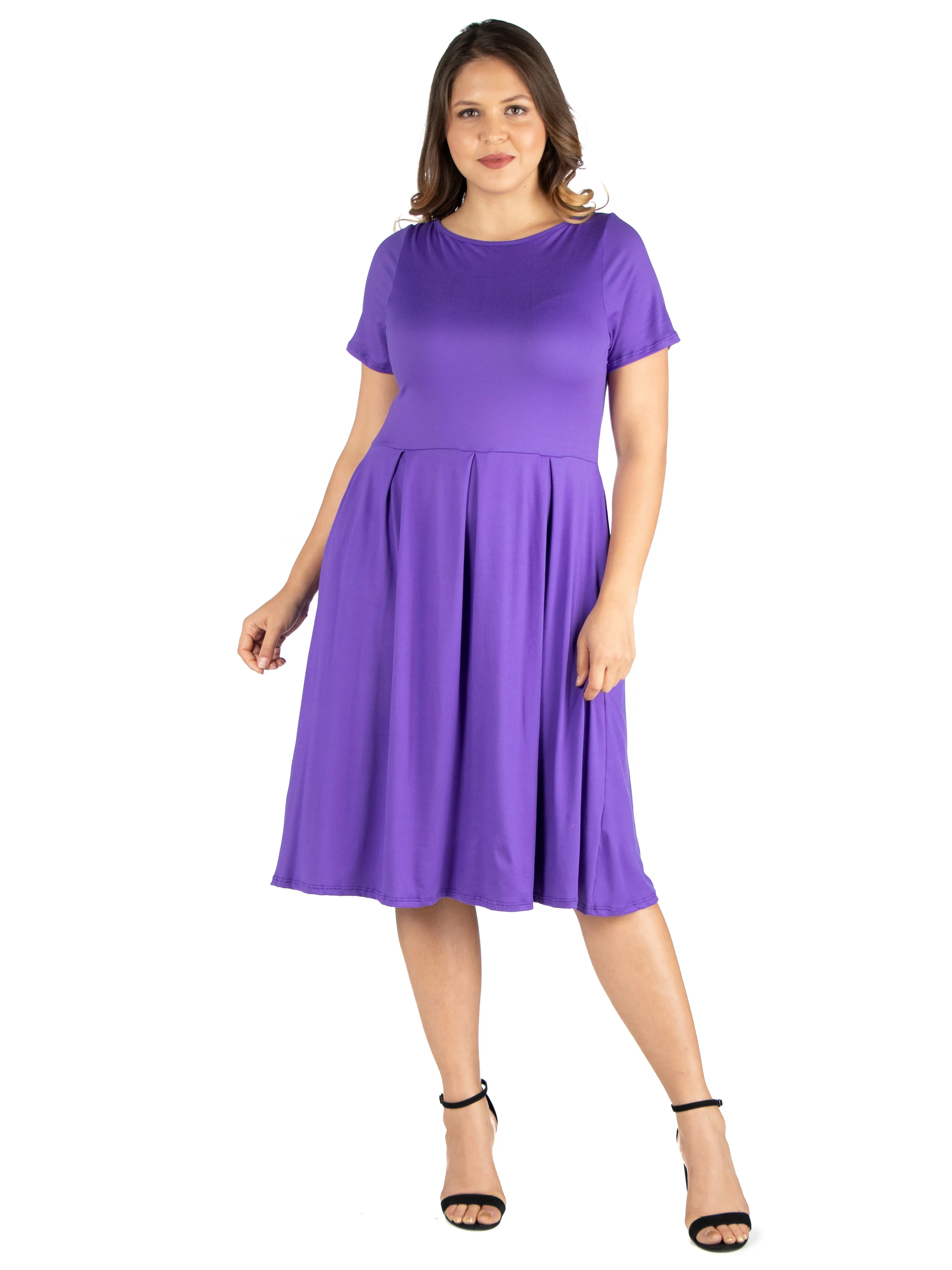 Short Sleeve Plus Size  Midi Skater Dress With Pockets