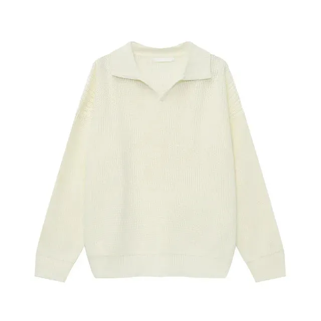 Solid Knitted Turn-down Collar Loose Sweater