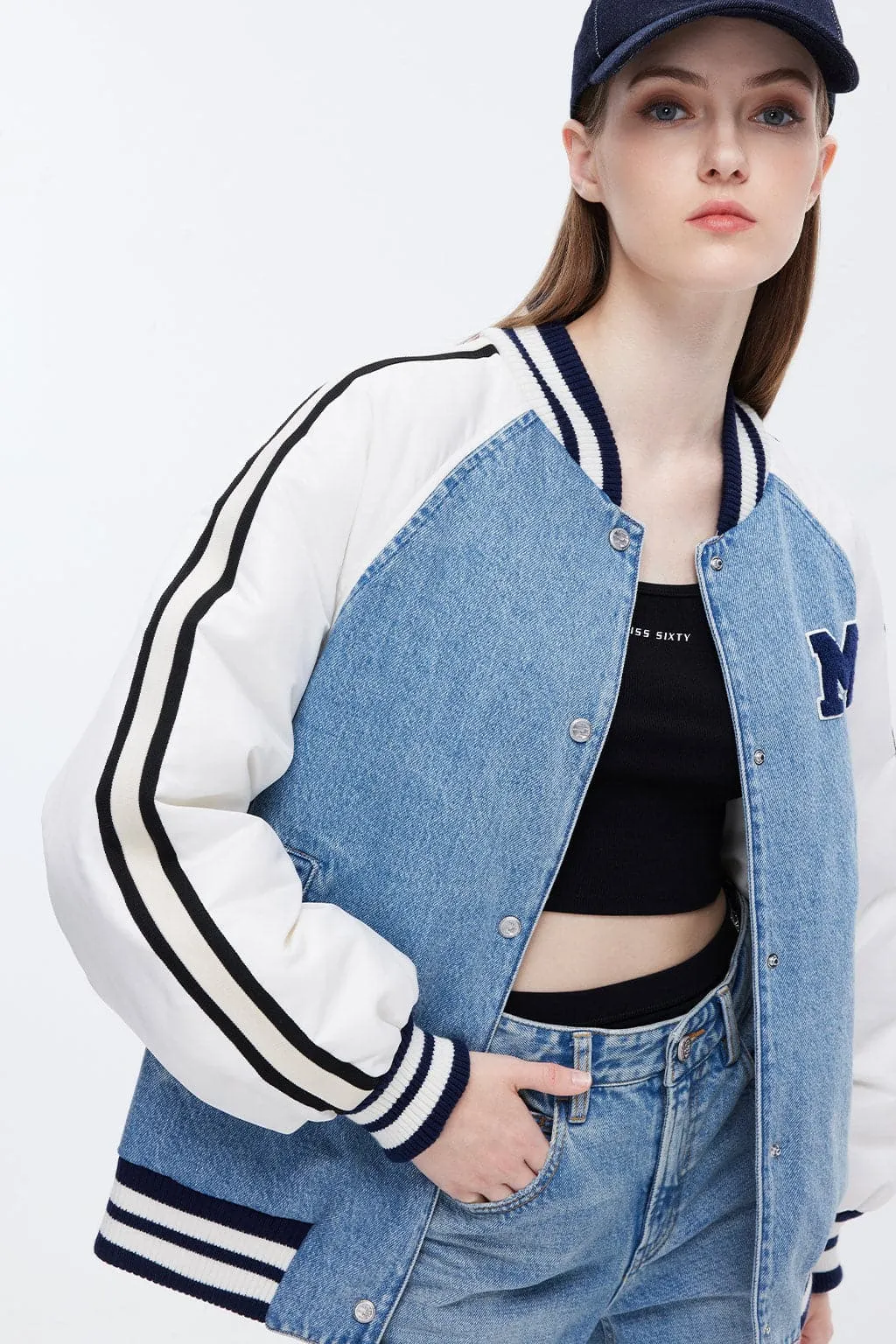 Sporty Casual Baseball Jacket With Denim Down Jacket