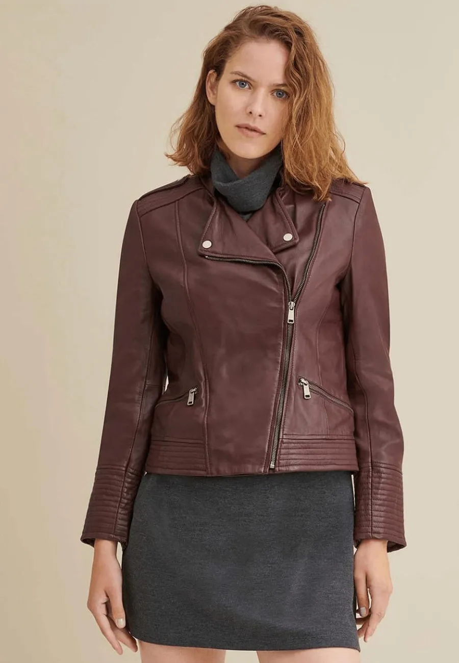 Stylish Women’s Maroon Sheepskin Leather Biker Jacket