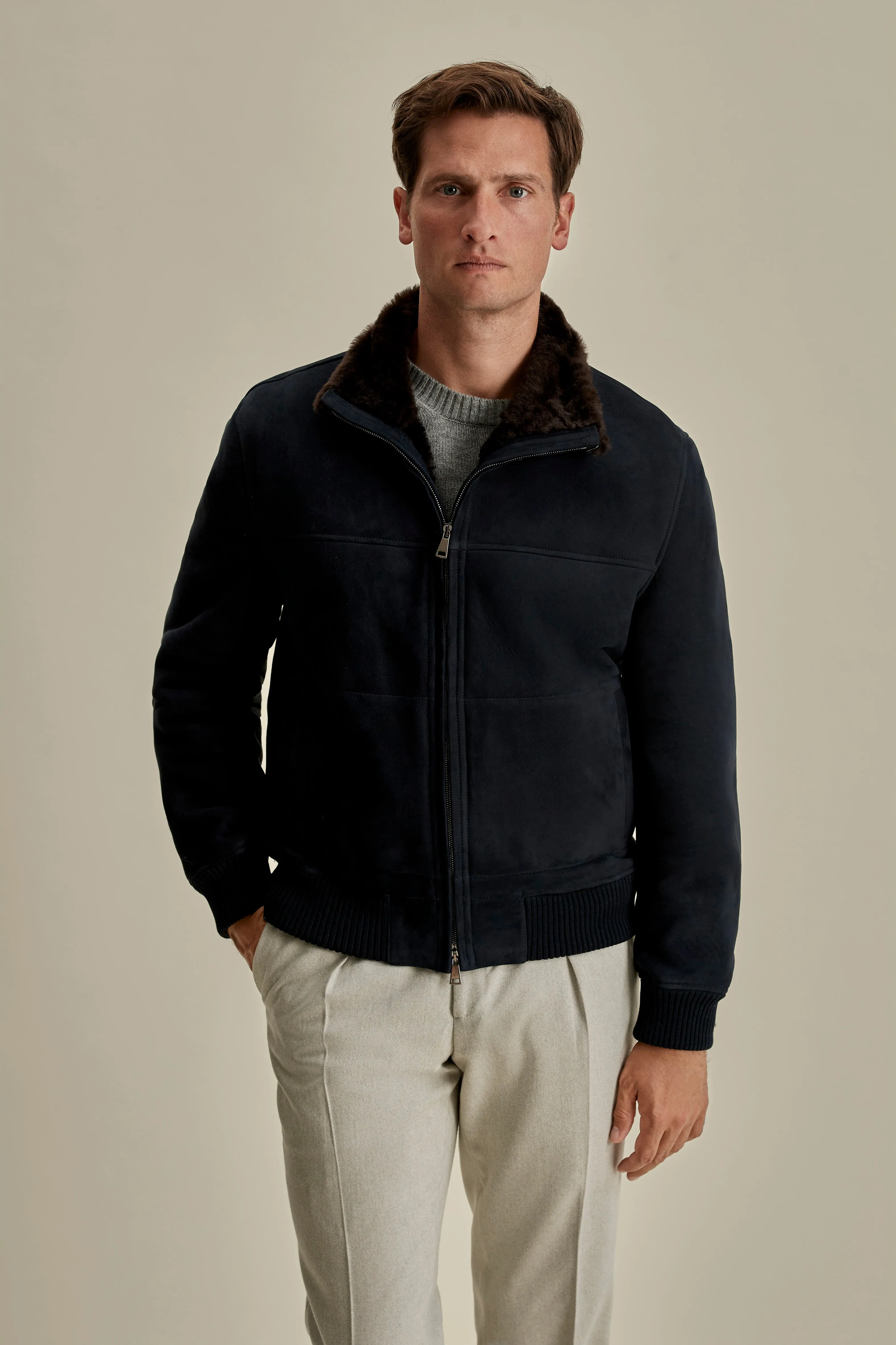 Suede Sheepskin Mock Collar Bomber Jacket