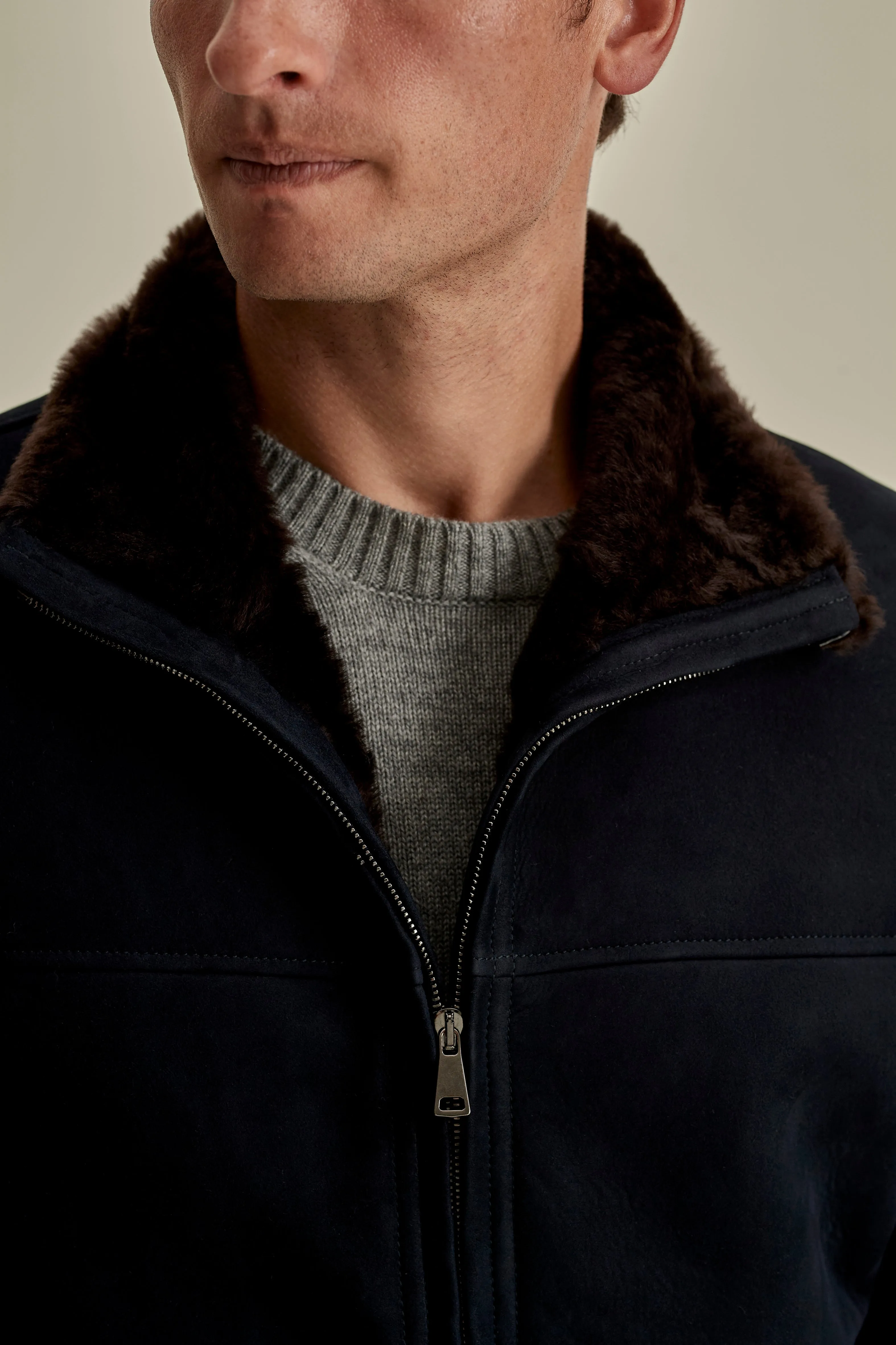 Suede Sheepskin Mock Collar Bomber Jacket