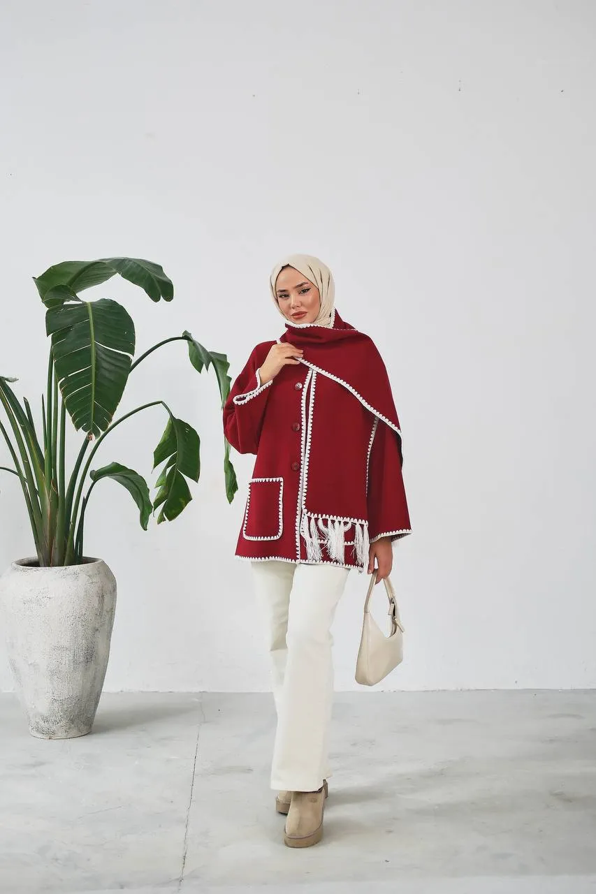 The Halimah - Embroidered  Jacket With  Front Pocket and Wrap