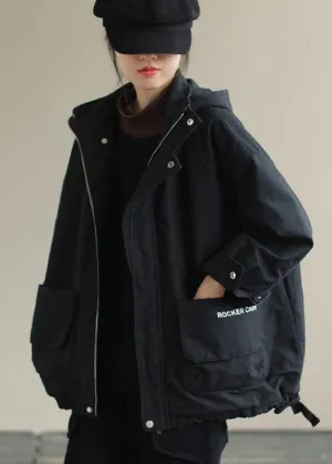 Unique Black Hooded Pockets Winter Cotton Coat Long sleeve