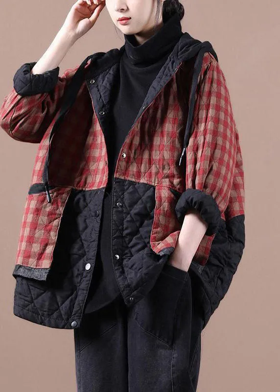 Unique Black Plaid Oversized Fine Parka Hoodies Outwear Winter Jacket