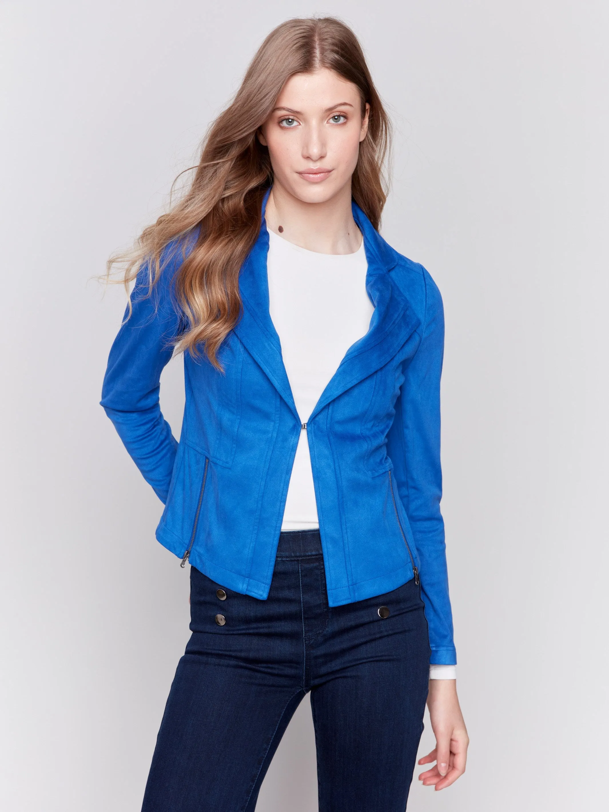 Vintage Faux Suede Motorcycle Jacket - Sapphire