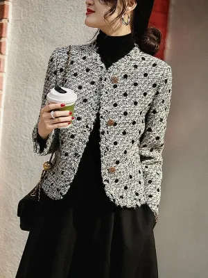 Vintage V-neck Korean Style Tweed Women's Wool Short Jacket: Classic and Elegant High Street Fashion for Autumn Winter