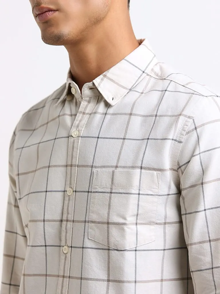 WES Casuals Beige Checked Cotton Slim Fit Shirt