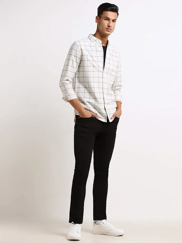 WES Casuals Beige Checked Cotton Slim Fit Shirt