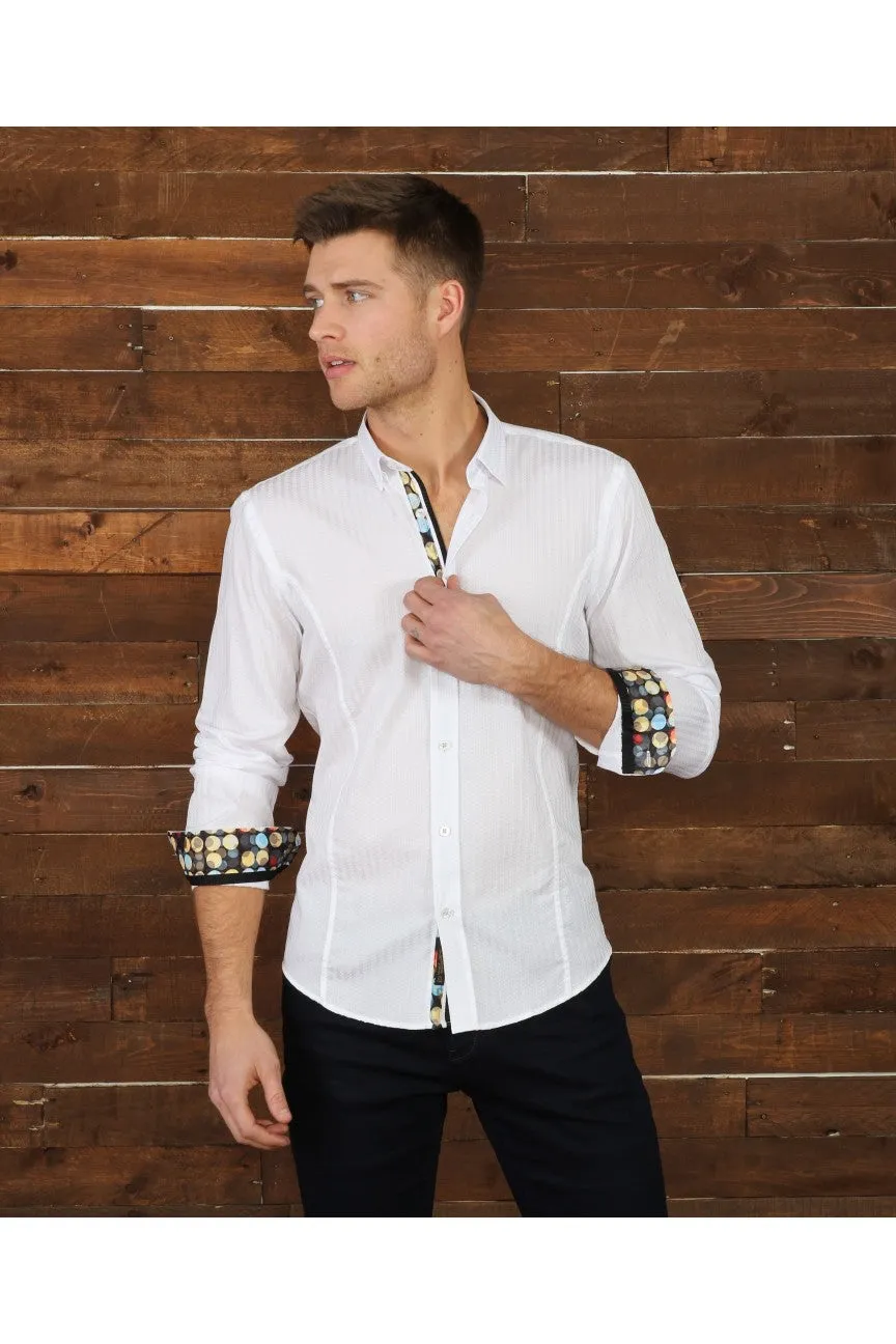 White Jacquard Button Down Shirt W/ Contrasting Trim