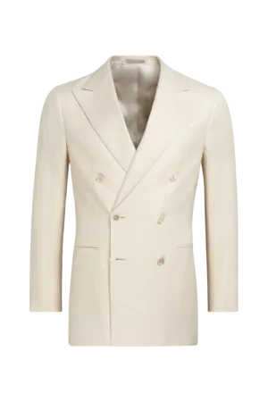 White Silk Cotton Peak Lapel Double Breasted Jacket