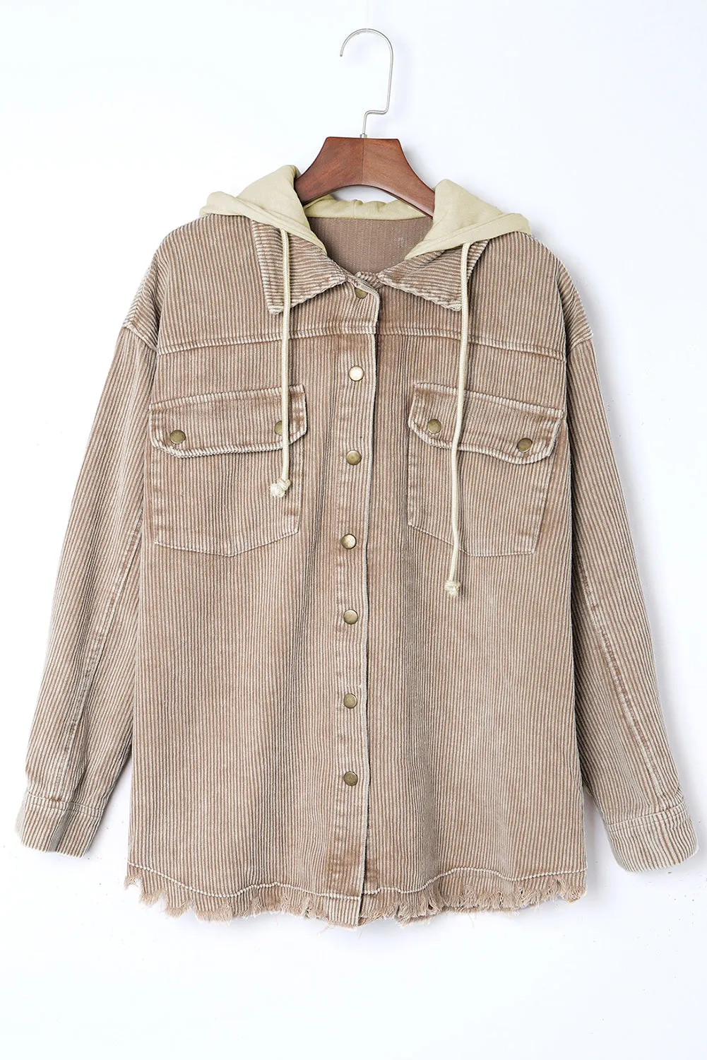 Wholesale Khaki Patchwork Raw Hem Hooded Corduroy Jacket