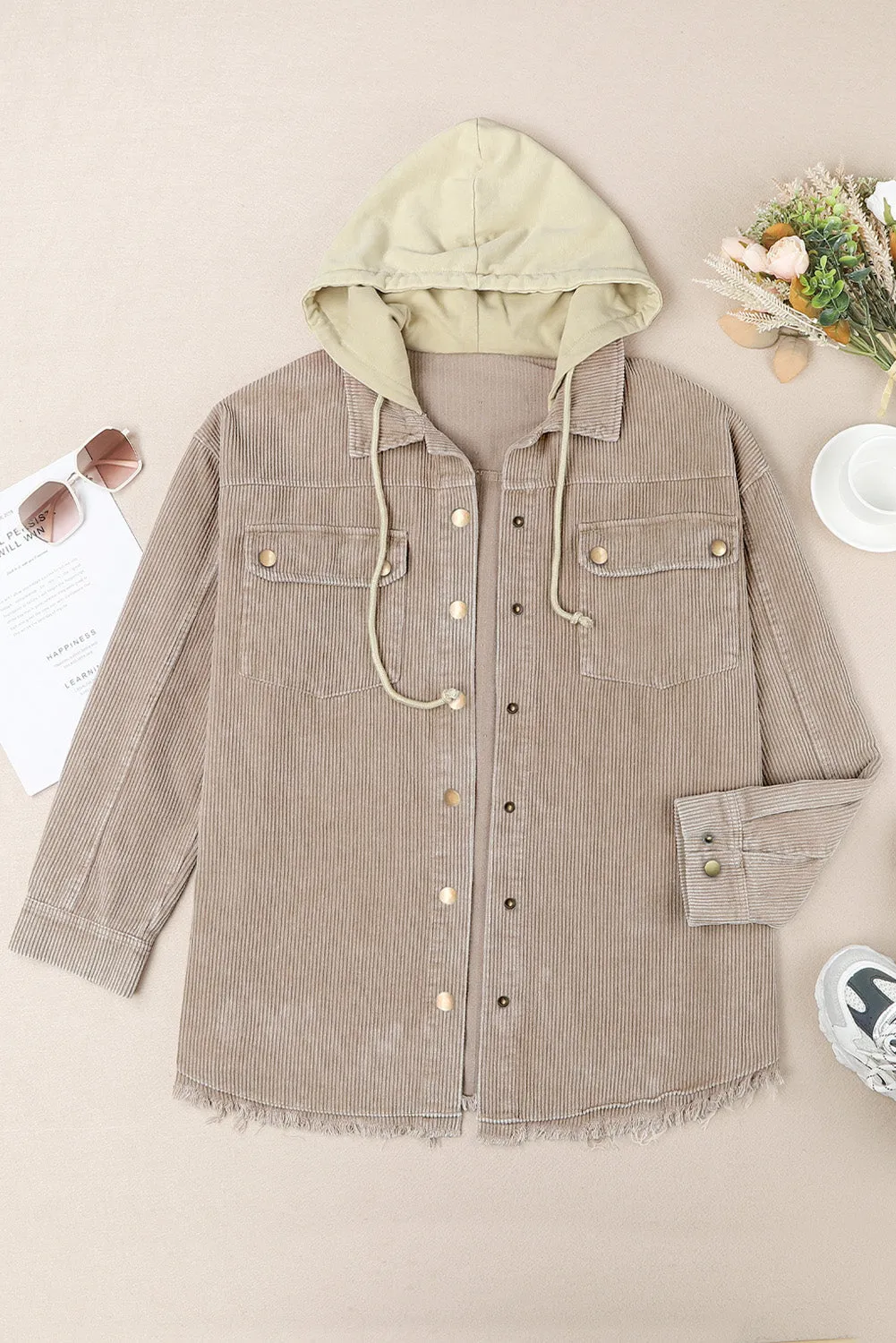 Wholesale Khaki Patchwork Raw Hem Hooded Corduroy Jacket