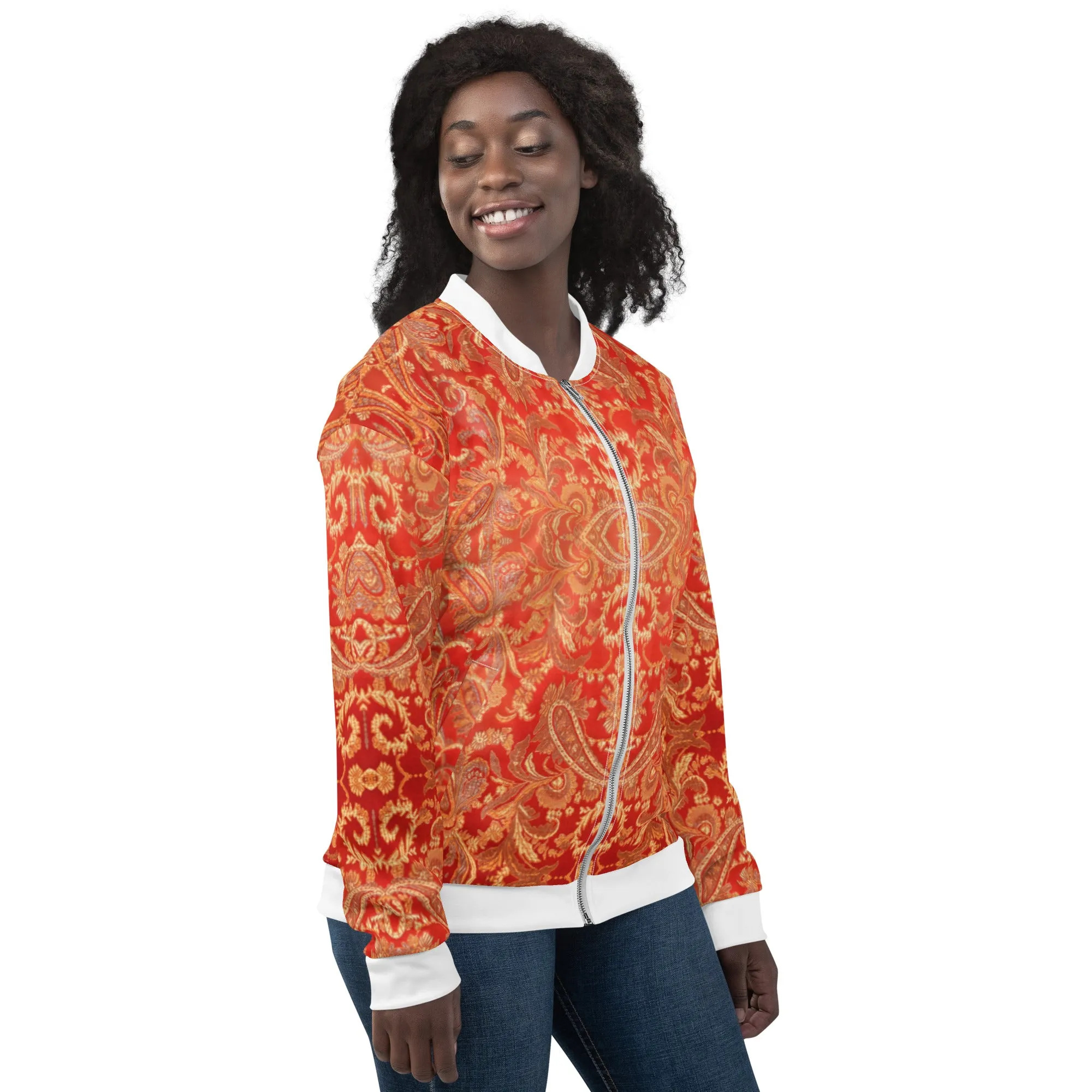 Women Bomber Jacket With Pockets Zipper Premium Quality Warm Paisley Design by IOBI Original Apparel