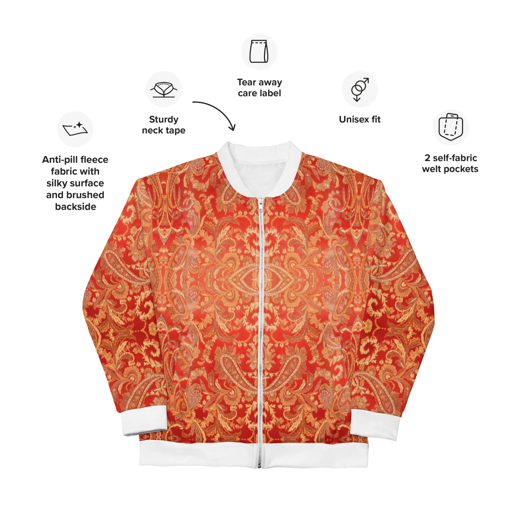 Women Bomber Jacket With Pockets Zipper Premium Quality Warm Paisley Design by IOBI Original Apparel