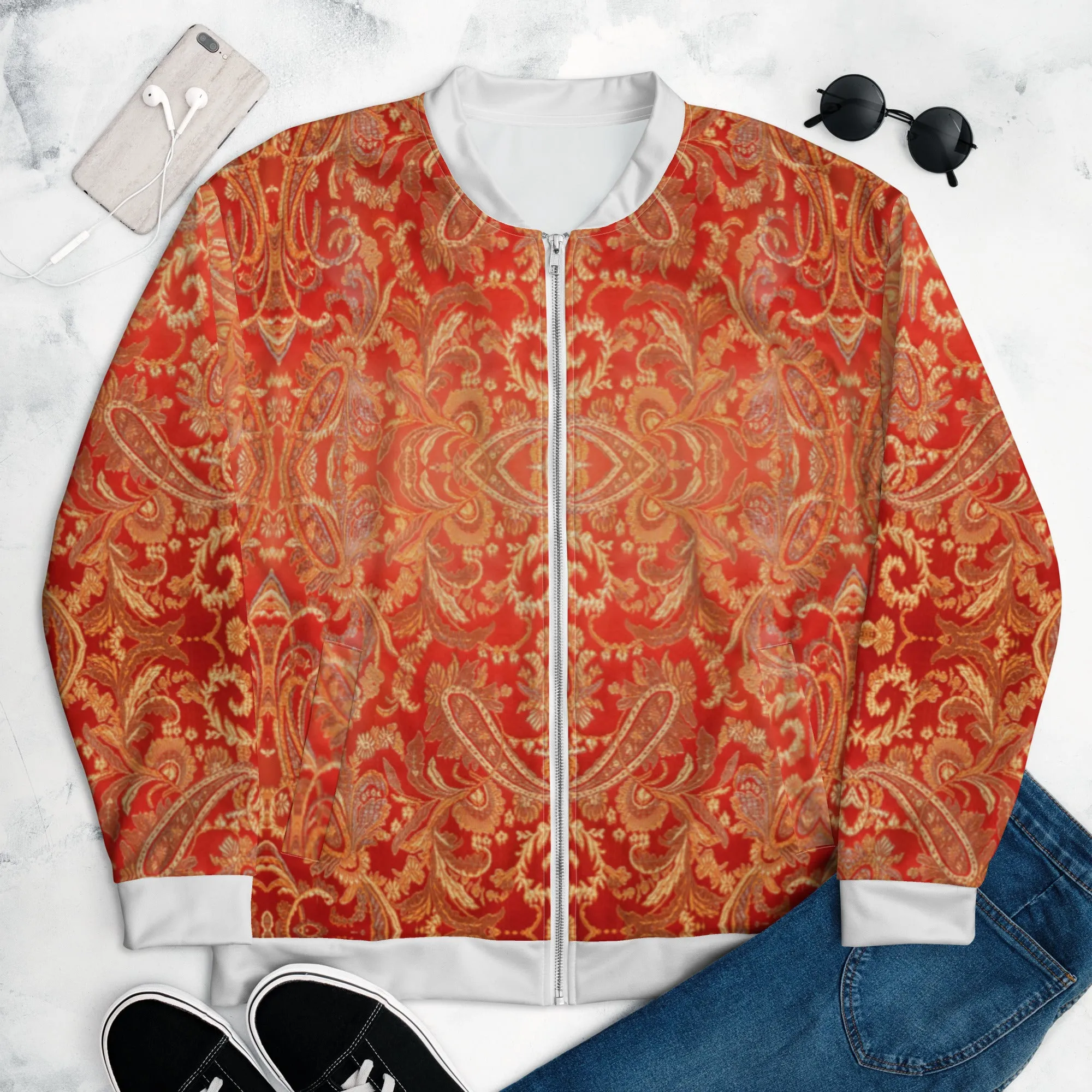 Women Bomber Jacket With Pockets Zipper Premium Quality Warm Paisley Design by IOBI Original Apparel