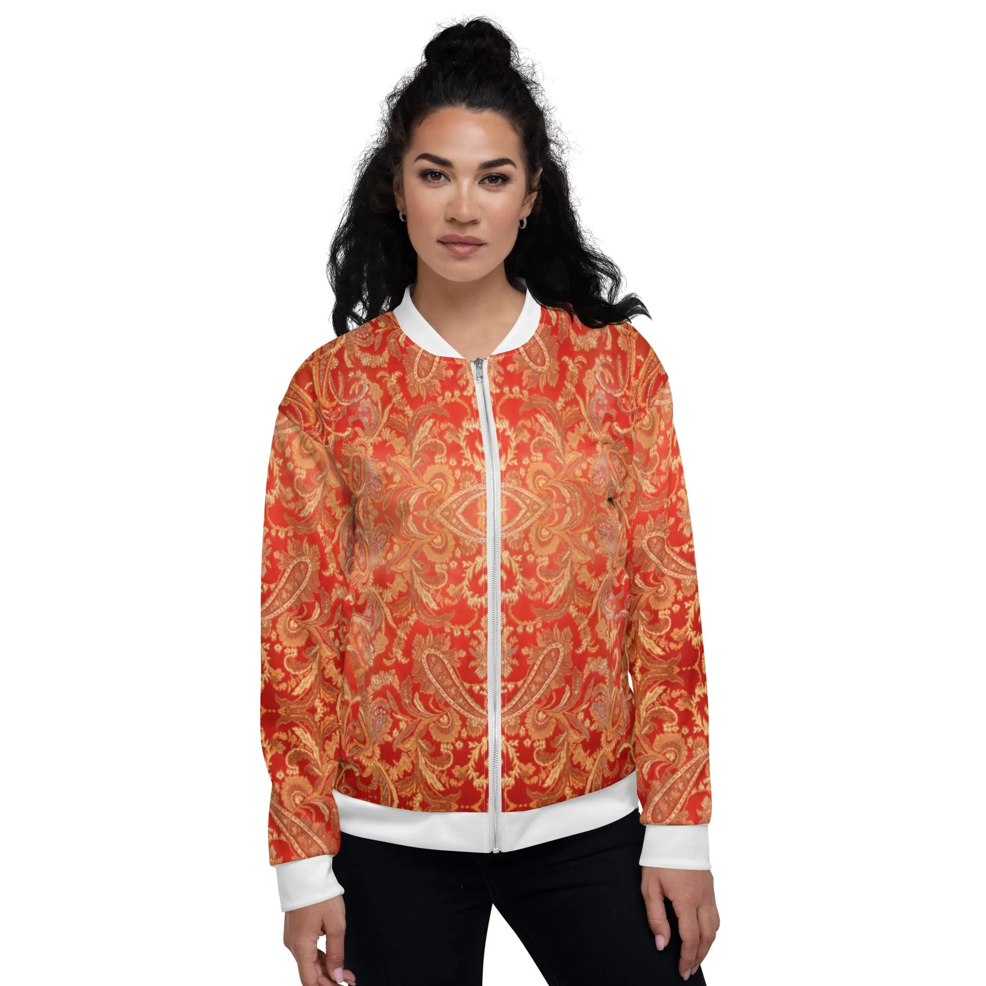 Women Bomber Jacket With Pockets Zipper Premium Quality Warm Paisley Design by IOBI Original Apparel