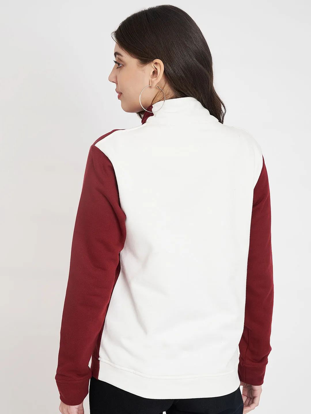 Women Colourblocked Mock Collar Maroon Bomber Jacket