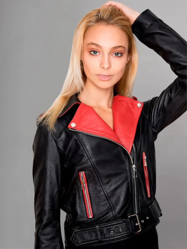 Womens Black and Red Contrast Leather Jacket