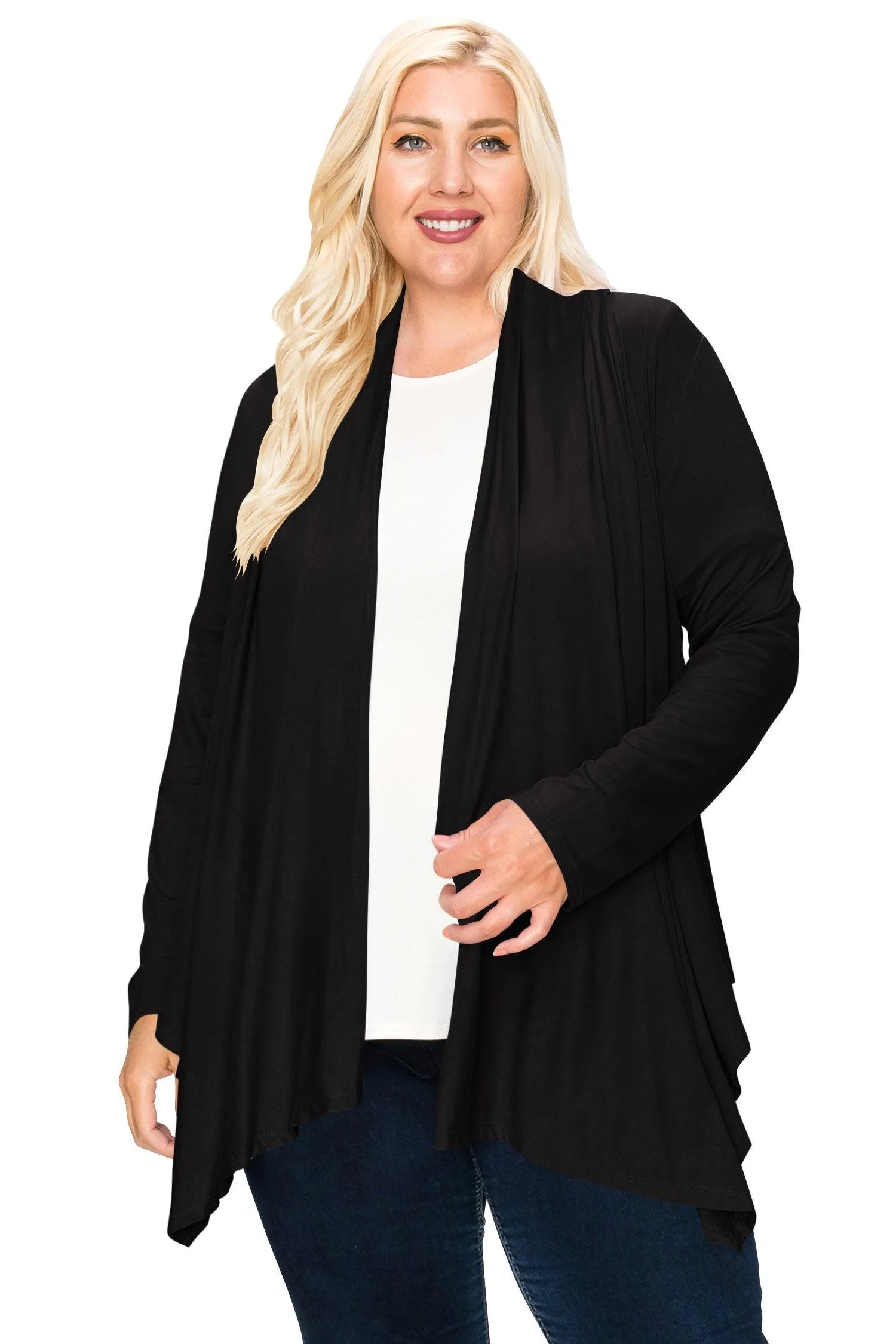 Women's Plus Size Casual Long Sleeve Draped Open Front Solid Cardigan