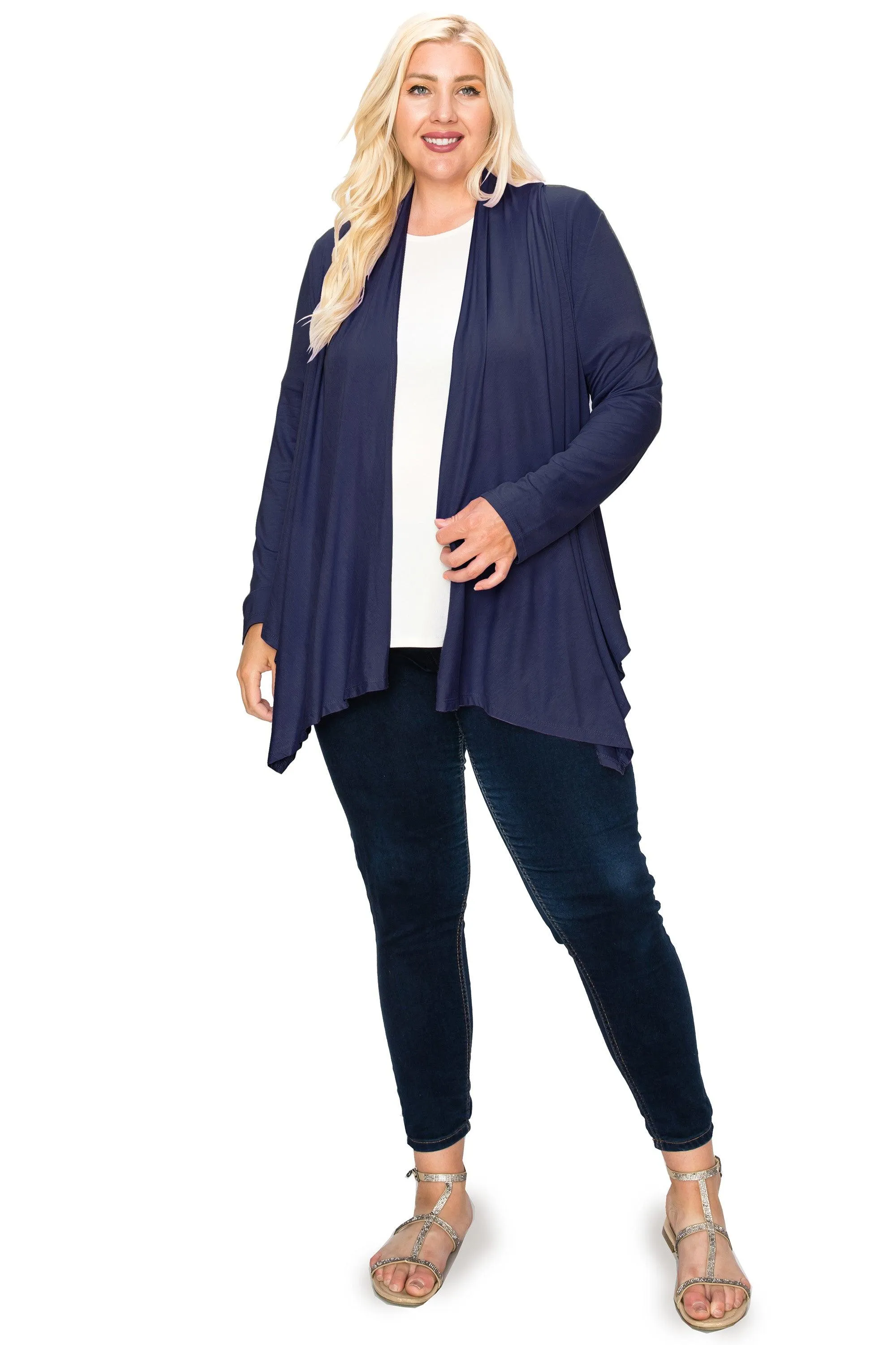 Women's Plus Size Casual Long Sleeve Draped Open Front Solid Cardigan