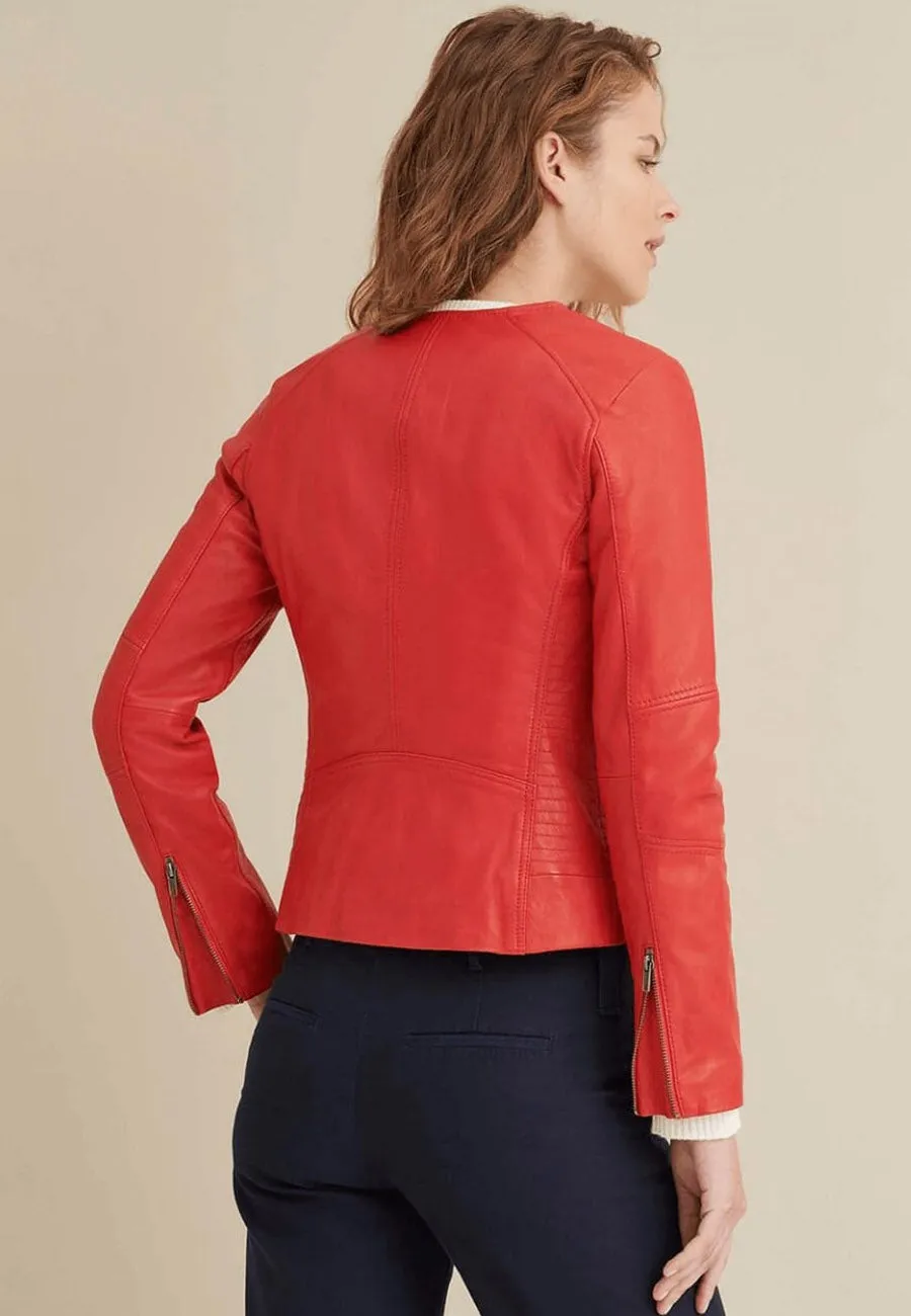 Women's Red Leather Crew Neck Jacket