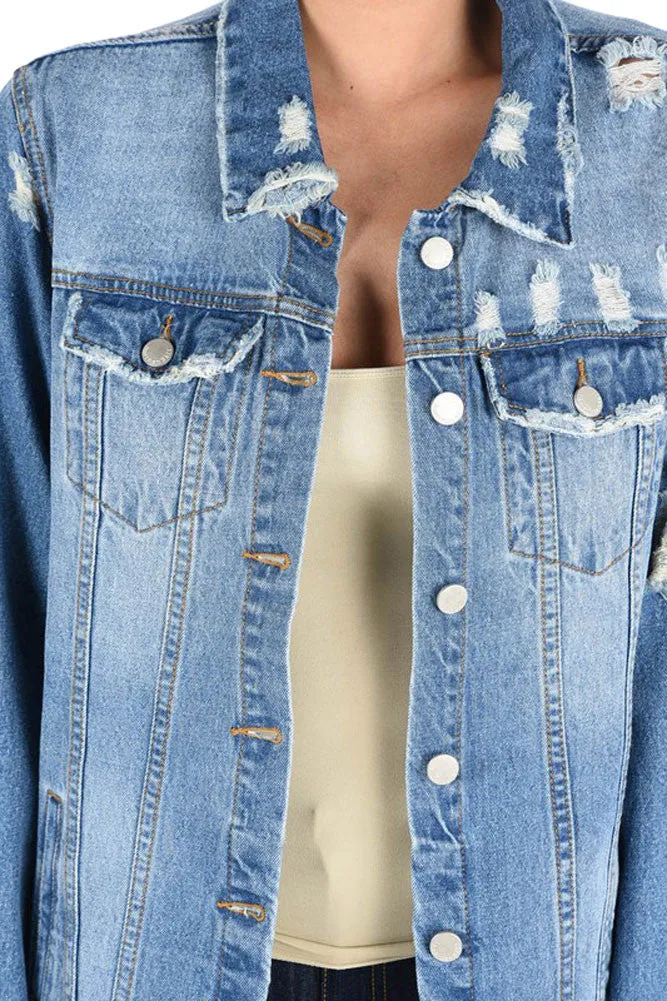 Women's Slashed Back Destroyed Denim Jacket