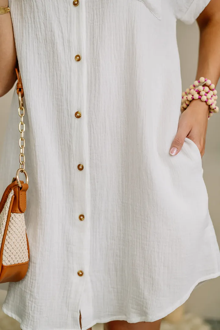 Yes I Can Textured Button Down Dress | White