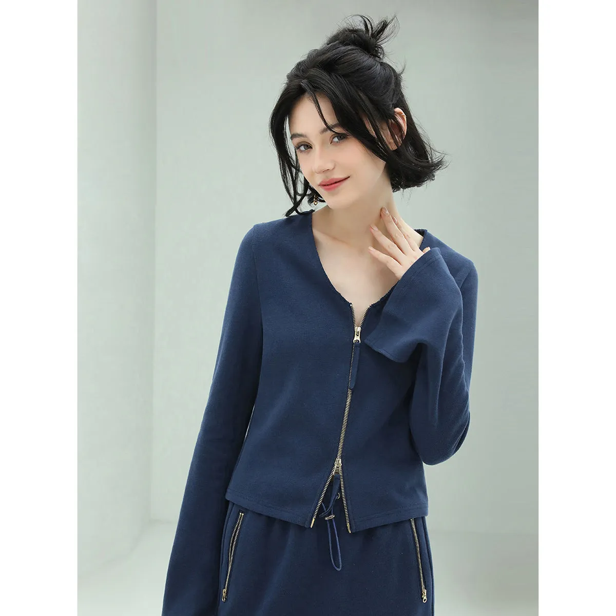 Youthful Collarless Double Zip Knitted Navy Jacket