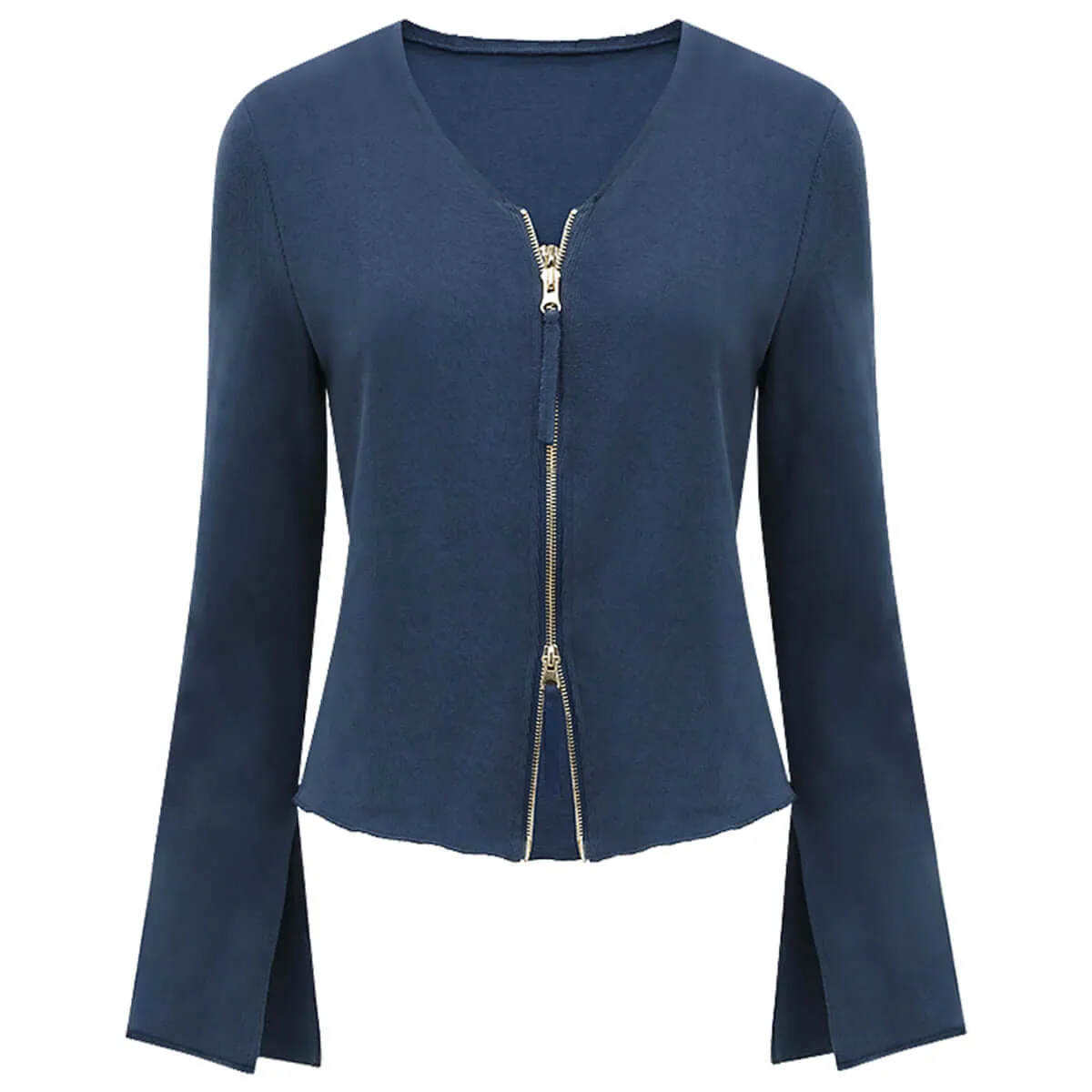 Youthful Collarless Double Zip Knitted Navy Jacket